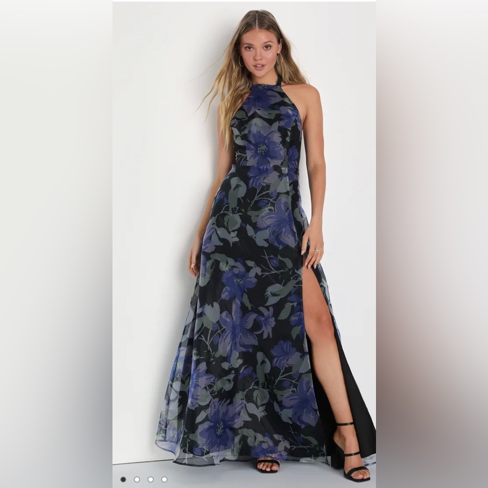 Black Floral Organza Halter Cutout Maxi Dress